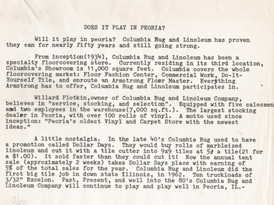 old image of newspaper article about Columbia Rug and Linoleum